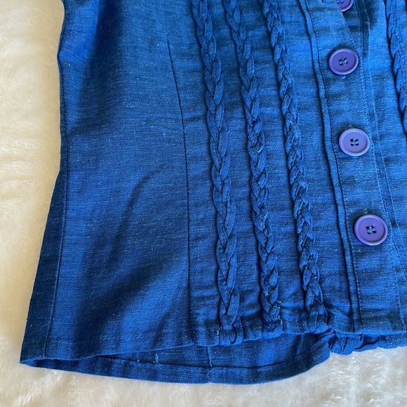 PERSAMAN New York Cobalt Blue Short Puff Sleeve Linen Blend Top, Size Medium - Picture 12 of 13